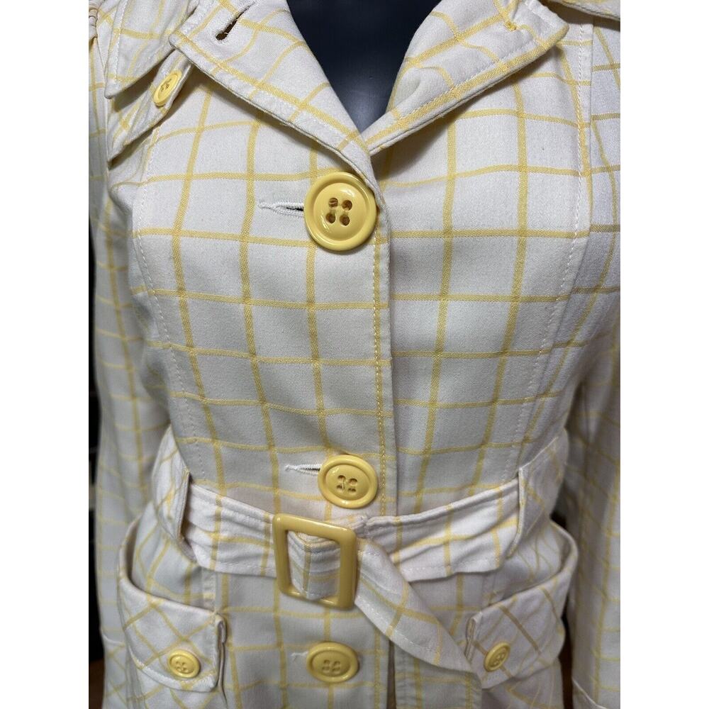 Tulle Yellow Stripe White Trench Coat Belted Waist Big Buttons Size Small - Picture 12 of 13